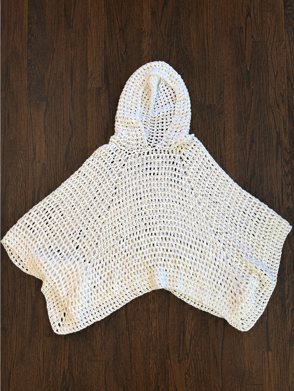 Hand Knit Cream Crochet Hooded Poncho Sweater Cover Up One Size Boho Festival